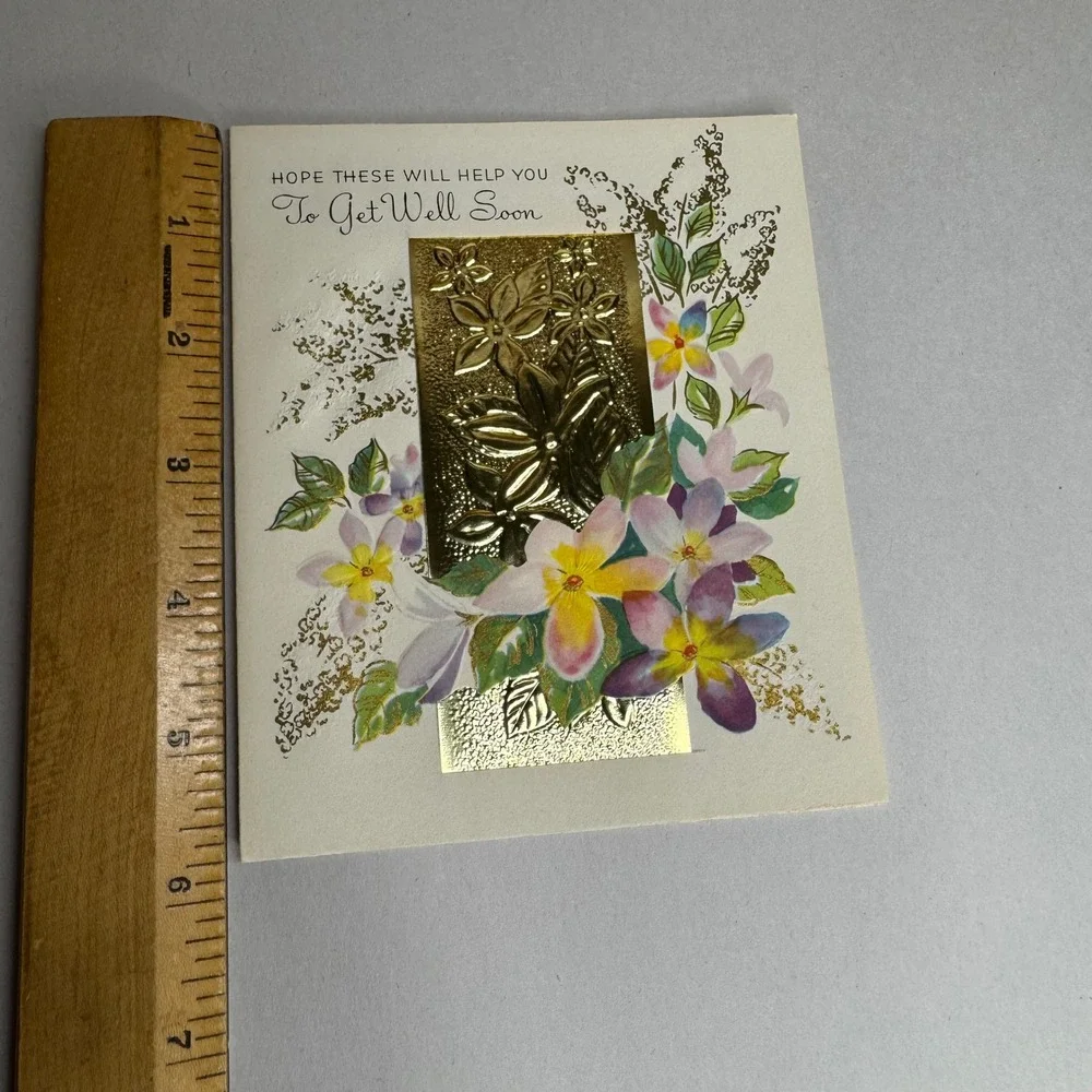 Vintage Get Well Soon‎ Greeting Card Floral Gold Foil Embossed 935110 USA Made